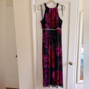Navy dress with red and fuchsia flowers. Rhinestone belt. 12P.